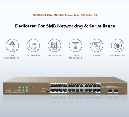 Tenda Gigabit POE Switch TEG1126P-24-410W 24GE 2SFP Ethernet Switch avec 24 ports PoE Capacité 48G 440.0mm*284.0mm*44.0mm