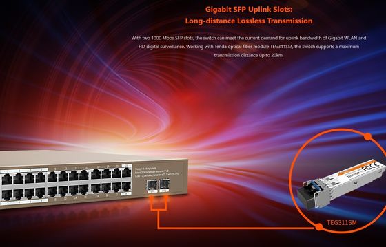 Tenda Gigabit POE Switch TEG1126P-24-410W 24GE 2SFP Ethernet Switch avec 24 ports PoE Capacité 48G 440.0mm*284.0mm*44.0mm