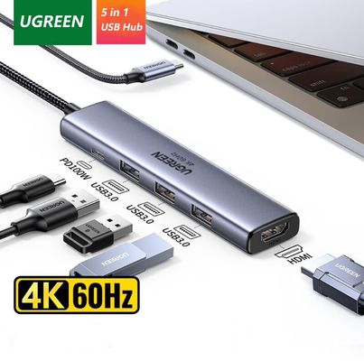 USB C Hub 5 in 1 USB C to HD-MI Splitter 3 USB A 3.0 Port and 5Gbps Type-C Data Port, 4KHDMI Port, PD 100W Charging