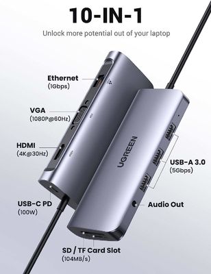 USB C Hub, 10-in-1 USB-C Docking Station, 4K-HDMI& VGA Dual Monitor, 1Gbps Ethernet,100W PD, 3 3.0 Ports,3.5mm Audio Jack
