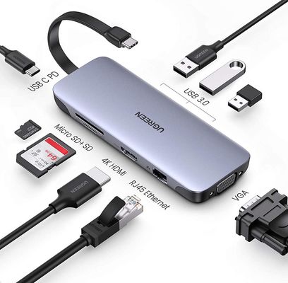 USB C Hub 9 in 1 USB Type C Multiport Adapter Dock with 4K HD-MI VGA Gigabit Ethernet PD Charging 3 USB 3.0 Ports