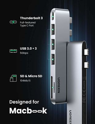 USB C Adapter for MacBook Thunderbolt 3 Hub with 3 USB 3.0 100W USB C Power Delivery Micro SD SD Card Reader