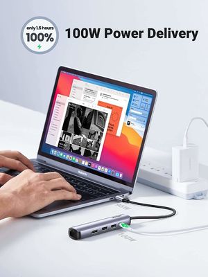 USB C Hub 60Hz 5-in-1 Gigabit Ethernet Adapter with 4K HD-MI PD 100W Fast Charging and 2 USB 3.0 Type C Multiport Adapter