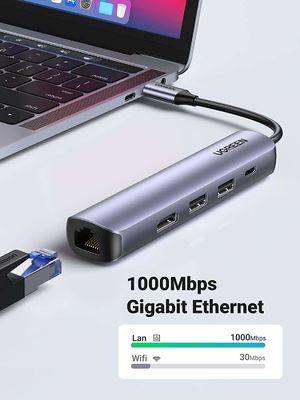 USB C Hub 60Hz 5-in-1 Gigabit Ethernet Adapter with 4K HD-MI PD 100W Fast Charging and 2 USB 3.0 Type C Multiport Adapter