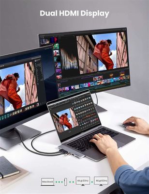 USB C to Dual-HDMI Adapter 7 in 1 USB C Thunderbolt 3 Adapter to Dual HDMI 2 USB3.0 100W PD Port USB C to SD TF Card