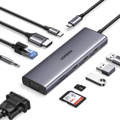 USB C Hub, 10-in-1 USB-C Dongle with 4K-HDMI & VGA Dual Monitor,1Gbps Ethernet,100W PD,3 USB 3.0 Ports,3.5mm Audio Jack