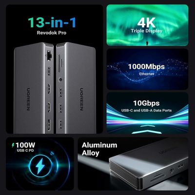 Revodok Pro 313 Estación de acoplamiento de portátil 13 en 1 4K Triple Display USB C Dock Dual HD-MI, DP, puerto de datos de 10Gbps