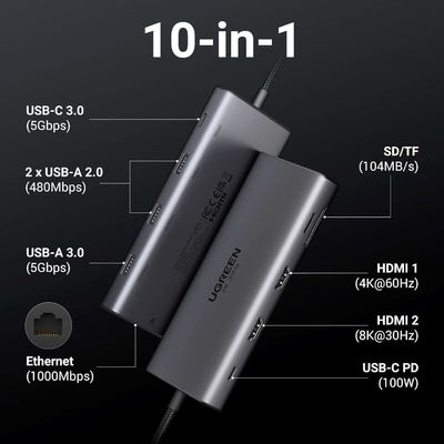 Revodok Pro 210 Docking Station 10 en 1 USB C Dock HD-MI double 4K@60Hz Unique 8K@30Hz 100W PD 5Gbps Ports USB C et USB A