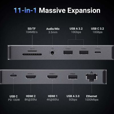 Revodok Pro 211 Laptop Docking Station 11 in 1 USB C Dock Dual HD-MI 10Gbps Data Port 100W PD Gigabit Ethernet CM-681-15965