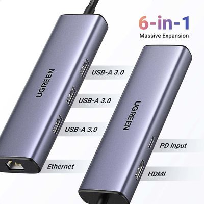 Revodok 6 in 1 USB C Hub Gigabit Ethernet Adapter with 4K-HDMI, 100W PD Charging, USB A Data Ports